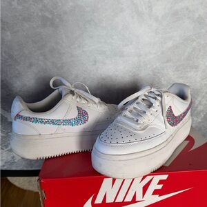 Nike White Platform Low Dunks with Custom Colorful Swoosh